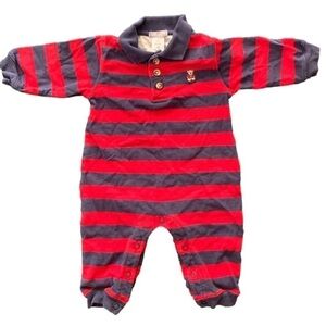 Carter’s Teddy Bear Blue Red Striped Long Sleeve One Piece Pants Romper 9Mos